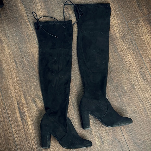 ✨ Black Faux Suede Thigh-High Drawstring Boots – 3¼" Heel ✨ - Picture 10 of 10